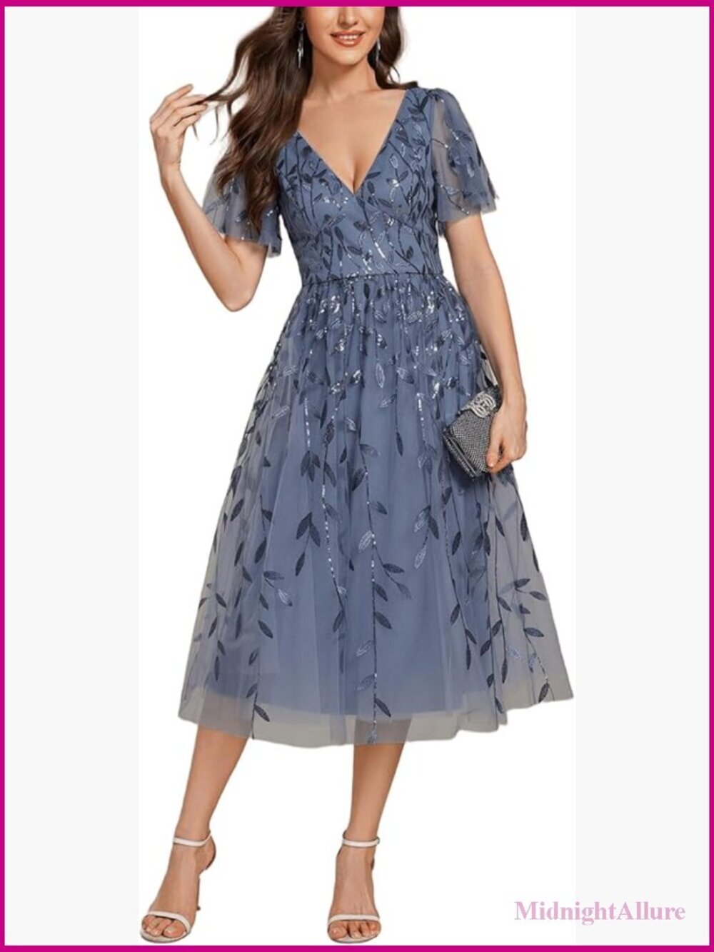 V Neck A Line Midi Sequin Embroidered Cocktail Dress Short Sleeves Wedding Guest